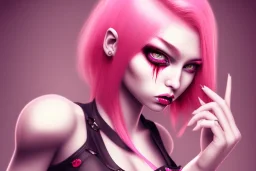 girl super angry, beautiful, cute, bloody, pink hair, black shirt