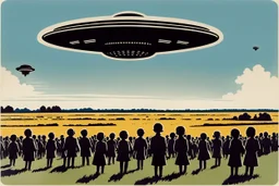 bumper sticker design, westall in bold heading text, ufo 1966, lots of school children looking up in a field, mysterious cool, bold