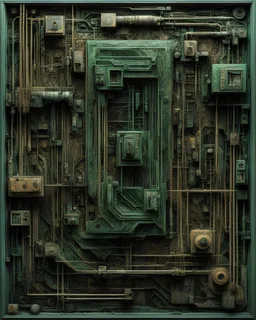 an abstract Assemblage-relief, made from paper, little pieces of plastics and cables, covered in thin transparent cloth, that looks somewhat like a pcb-board with a greenish, grimy hue. hyperreal art in the style of cubism brutalism giger beksinski phillipe druilett enki bilal, unreal engine 5, photorealism