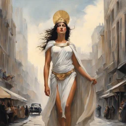 [Part of the series by Fernand Leduc] In a bustling city, a woman resembling Athena emerges, exuding wisdom and strength.