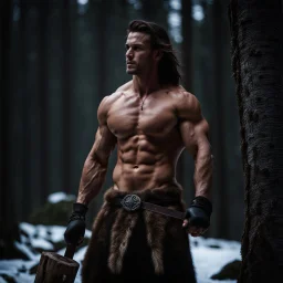 Handsome and muscular 30 year old shirtless mountain man, dark fantasy, snowy forest