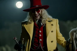 Still frame of Tom Hiddleston as Alucard from the live action "Hellsing" movie based on the anime of the same name. He is wearing his signature red hat and yellow glasses, while laughing in the moonlight.