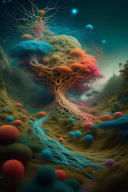 Fabulous composition, cosmic, hyperrealistic, microdetalization, surreal, drawing details, clear outline, color illustration, aesthetically pleasing, stardust, mystical landscape, curved trees, calendula, dark fantasy, monsters, multicolor, detailed, 3d, threads, fibers, bolto, mountains, fantastic pine neurons,ambient clarity,voluminous