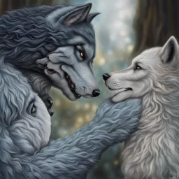 the anthropomorphic gray hairy body wolfman name Teo, holds between his paws the anthropomorphic pale hairy body wolfwoman's face , they look at each other lovingly, blur background, high detalied, realistic, sci-fi and fantasy mood