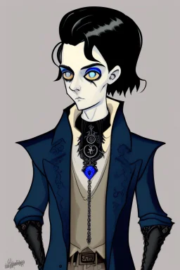 black haired blue eyed young man necromancer wizard with gothic jewelry in the style of charles addams