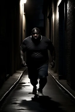 Big fat black man running in a dark alleyway far away