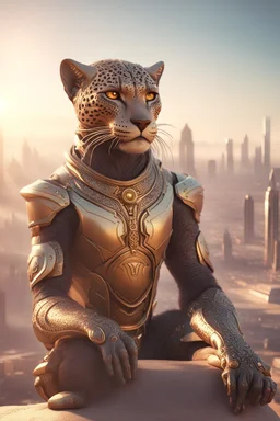 Create a Photoreal Gorgeous godking of the jaguar tabaxi humanoids looking over a futuristic desert city on the horizon in mystical haze at golden hour , otherworldly creature, in the style of fantasy movies, photorealistic, bokeh masterpiece smooth shading, ultra detailed, high resolution, cinematic, unreal 6, subtle shadows, octane render, 8k, cinema 4d, HDR, dust effect, vivid colors