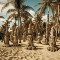 A tan beach with palm trees designed in Hawaiian tiki statues painted by Albrecht Durer