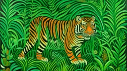 A green nature elemental tiger designed in Australian aboriginal art painted by Henri Rousseau