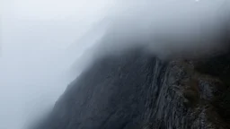 a scaling sheer mountain cliff obscured by clouds and fog. the the borders, top bottom, left and right are fog, while the center is sheer cliff.