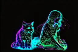 black background, outlines of a holographic contented girl with a cat drawn from thin neon-coloured glowing lines