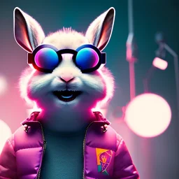 pixar style anamorphic cute smiling baby rabbit, smiling, cyberpunk headphone, sunglass, gangsta gold neckless, full body, magenta puffer jacket, manila city backdrop, dramatic lighting, hyper realistic, unreal engine 5, 16k