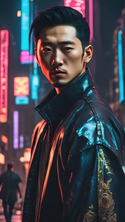 Young Asian Man, yakuza, Cyberpunk 2077, Blade Runner 2049, Renaissance Painting, Neon Lights, Renaissance Art Style, Refined Details, Rich Textures, Human Figure, Clothing, Accessories, Ornaments, Streetwear, Botticelli, Realistic, High-Detail, High-Resolution, Cyberpunk Aesthetic, Renaissance Aesthetic, Painterly Style, Atmospheric Lighting, Cinematic, Concept Art, Futuristic, Rembrandt, Character, Holding Katana, hannya mask