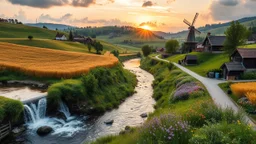 a village over high grassy hills,a small fall and river and wild flowers at river sides, trees houses ,next to Ripe wheat ready for harvest farm,windmill ,a few village local shops .people are dancing in a national celebration,cloudy sun set sky,a few village local shops