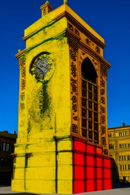 A golden yellow clock tower covered in acid painted by Keith Haring
