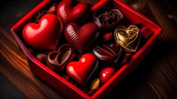 Red heart shaped box with a different chocolates. Valentine' Day