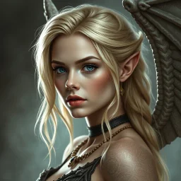 a portrait of an attractive blonde fantasy woman who is half human, half stone gargoyle