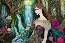 A beautiful fairytale magical composition of a rainforest with a waterfall, a masterpiece, patchwork-like, made of different materials: tulle embroidered with precious stones, lace and real pearls, silk, velvet, burlap, faux fur with leopard print. Unicorn, flowers