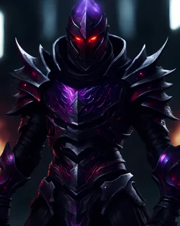 Black and purple assassin armour with a silver trim going down the armour and red highlights, shadowy flames erupting from the arms, glowing purple eyes