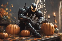 venom machine with pumpkin helmet in 8k nier automata artstyle, halloween them, pumpkin helmet, close picture, fantasy world, intricate details, highly detailed, high details, detailed portrait, masterpiece,ultra detailed, ultra quality