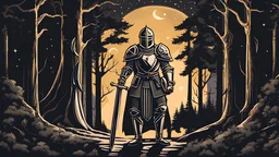 Depict a knight in shining armor, the focal point, armed with a sword and shield, standing boldly in a shadowy forest. The background fades into a starlit night sky, with a twin-tailed comet streaking across it.