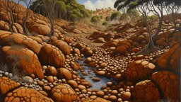 A bronzish brown gully with boulders designed in Australian aboriginal art painted by Frank Wilson