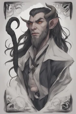 A dnd character portrait, a tiefling man with long hair and two long black horns that curve backwards, white eyes and pale skin.