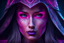 The witch in 8k sci-art drawing style, pink skin, purple glowing eyes, the which custom, neon effect, intricate details, highly detailed, high details, detailed portrait, masterpiece,ultra detailed, ultra quality