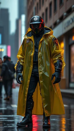 retro futurist, nypd full body color 1920 black policeman with external exoskeleton wtih heavy yellow rain transparent coat