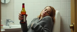 drunk woman with a hot dog in bread sleeping over in bathroom