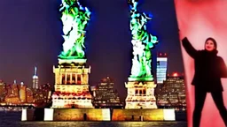 A Tesla's 'Model S Plaid' is performing donuts, under the Statue of Liberty, in New York city. CINEMATIC. WIDE ANGLE LENS.