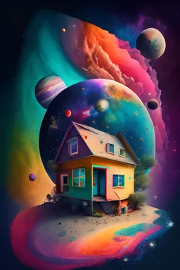 A house in the center of the universe surrounded by different colorful planets and stars and colorful dust.