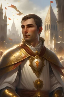 portrait of a man, cleric of lathander, divine magic surrounding him, slightly glowing golden eyes, dark but short hair, round face with normal chin, white red and gold tunic with a hood underneath gold armor, medieval crowd next to a church/temple in the background, rays of light coming from the sky, doves flying far away, in baldur's gate style