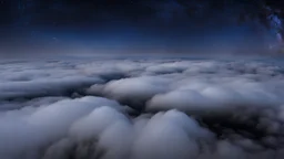 looking down from space at the mist and clouds, surrounded by the mist at night starry sky. majority of the image is space