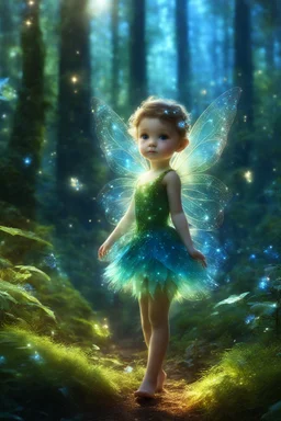 Beauty little Fairy, walk in sparkless light magic forest,sparkles, blue, brown, green, clear lines, detail, fine rendering, high resolution, 4K, photorealism, precise focus, double exposure, fantasy epic funny ccute pixar 3d