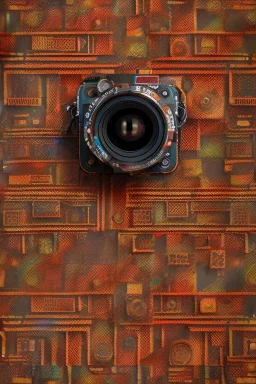 futuristic pinhole camera in Kente, rusted clocks lens, cinematic, scaffolding, african pattern symbols, engraved, 8k quality