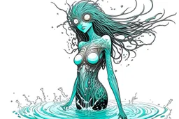 front facing full body illustration of a malevolent shape shifting female Funayurei water ghost with highly detailed facial features and translucent skin textures, in the style of Alex Pardee , Jean Giraud Moebius, and Katsushika Hokusai, highly detailed, boldly inked, deep murky aquatic color