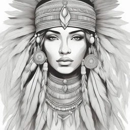 Pages with a beautiful native american woman's face, white background, Sketch style, only use an outline, Mandala style, clean line art, color background, no shadows, and clear and well outlined