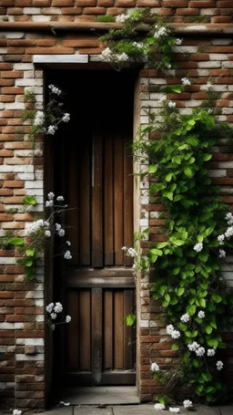 critical point abstract an old door in a wall of bricks and hanging on it branches of leaves and branches with white jasmine flowers