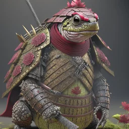 Ultra realistic rendering of turtle samurai, blood, guts, wildflower, intricate, darkred tones,