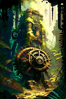 Jungle adventure ruins with huge steampunk gears painterly rpg art