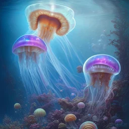 holographic jellyfish in an underwater cerulean ocean, artwork, Flickr, 8 k, detailed matte, fine-detailed, high-quality, in the style of George Grie, Anne Dittman, Anne Stokes, Lisa Parker, Selina French, alphonse mucha