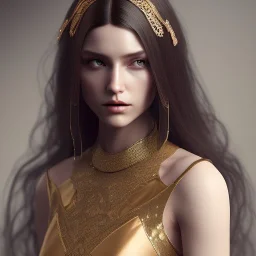 mysterious beautiful woman, with long dark brown hair, in dress, holding scissors behind her back turning to face the viewer, digital art, octane render, redshift render,ambient lighting