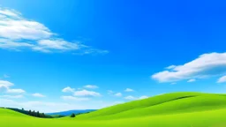 A morning scene with a vivid blue sky, a serene landscape featuring rolling hills and dew-covered grass, and a single white cloud drifting lazily above.