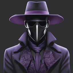 warlock, black hat, black mask with ash purple patterns, black trench coat with ash purple patterns, dark, ominous, ash purple, grey background, profile picture, simplistic design