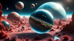 photorealistic glass planet full of lifeforms floating in a giant exoplanet, Trompe-l'œil, galactic warpdrive