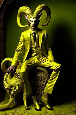 Satyr with cloven hooves, horns, and a tail who is wearing a designer silk suit by Pucci; neo-surrealism