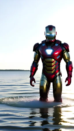 Iron man emerging from scerene still Water, portrait photo, cinematic --v 5.1 --ar 16:9 --s 500 --c 50