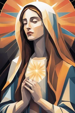 A stylized portrait drawing of colored tiles of Mary the mother of Jesus with long hair, wearing a white veil and surrounded by a geometric halo of rays of light against a dark background- cubism style