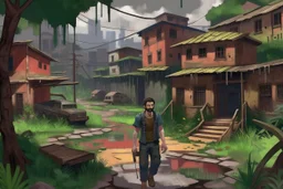 TLOU Town but in the style of Bob Ross's oil painting.